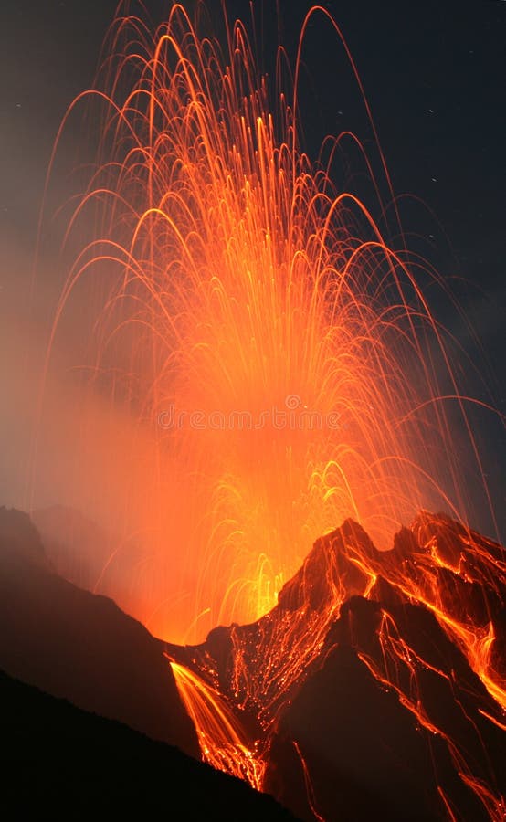 Stromblian eruption of Stromboli volcano in Italy in a clear fullmoon night. Stromblian eruption of Stromboli volcano in Italy in a clear fullmoon night