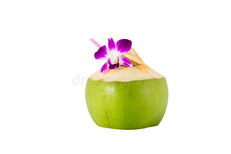 Noce di cocco con paglia e l'orchidea immagini stock Noce di cocco con paglia e l'orchidea immagini stock