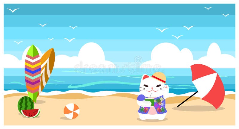 Noce di cocco della bevanda del gatto al fumetto piano di progettazione del fondo della spiaggia di estate della spiaggia illustrazione di stock Noce di cocco della bevanda del gatto al fumetto piano di progettazione del fondo della spiaggia di estate della spiaggia illustrazione di stock