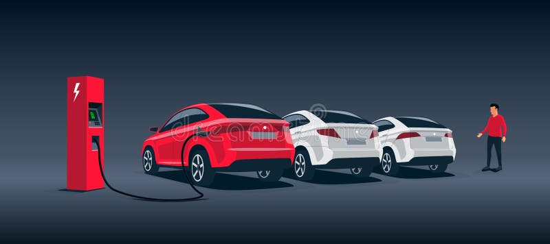 Vector illustration of a luxury red electric car suv charging at the charger station during night time low demand electricity. Other white cars parked behind along the road with a walking man. Vector illustration of a luxury red electric car suv charging at the charger station during night time low demand electricity. Other white cars parked behind along the road with a walking man