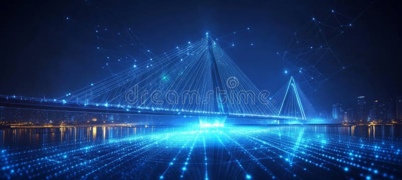 Nocny most futurystyczny z połyskującymi liniami reprezentującymi sieć danych i technologię. ilustracja wektor