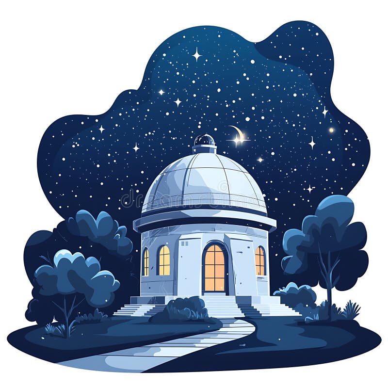 Nocny widok obserwatorium w kształcie kopuły pod gwiezdnym niebem ilustracja wektor