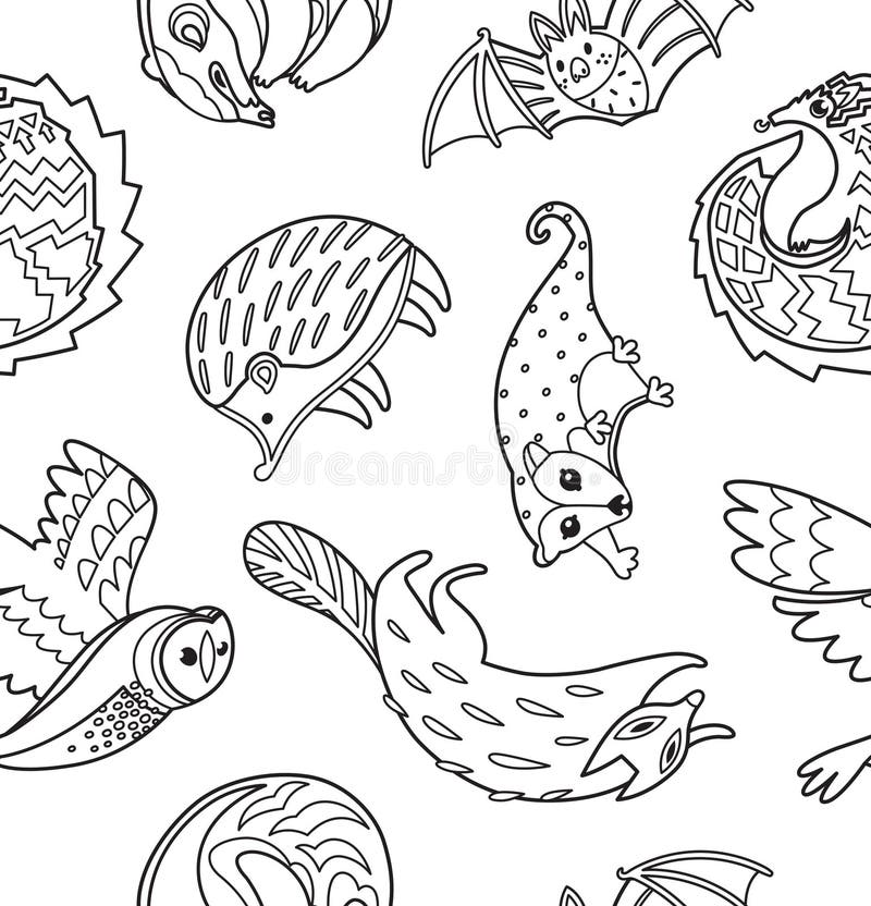 Owl Nocturnal Animals Snakes Hand Drawn Seamless Pattern in Cartoon Comic  Style Black White Stock Vector - Illustration of plants, pattern: 225095765