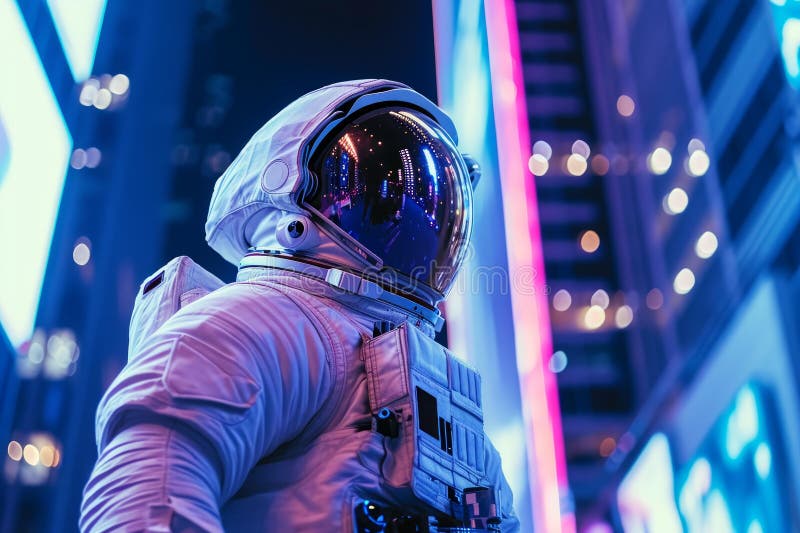 Astronautul nocturn merge în oraș noapte. generare AI royalty free stock photos