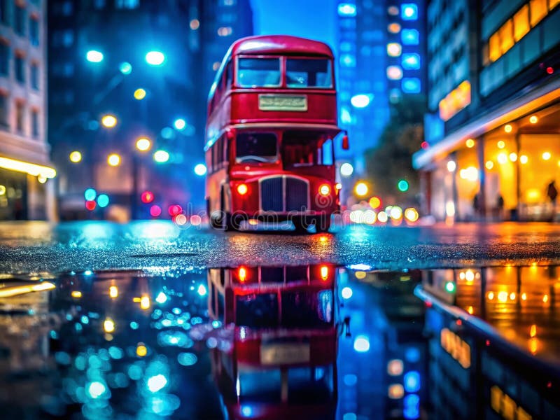 Nocturnal Urban Exploration View of a Vibrant Red DoubleDecker Bus on a Neclar Night City Street stock images