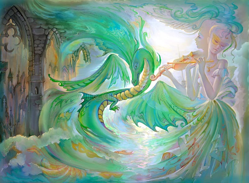 Nocturne per drago. pittura a olio su tela. fantasy illustrazione di una fatina che suona la musica tra il mare gotico