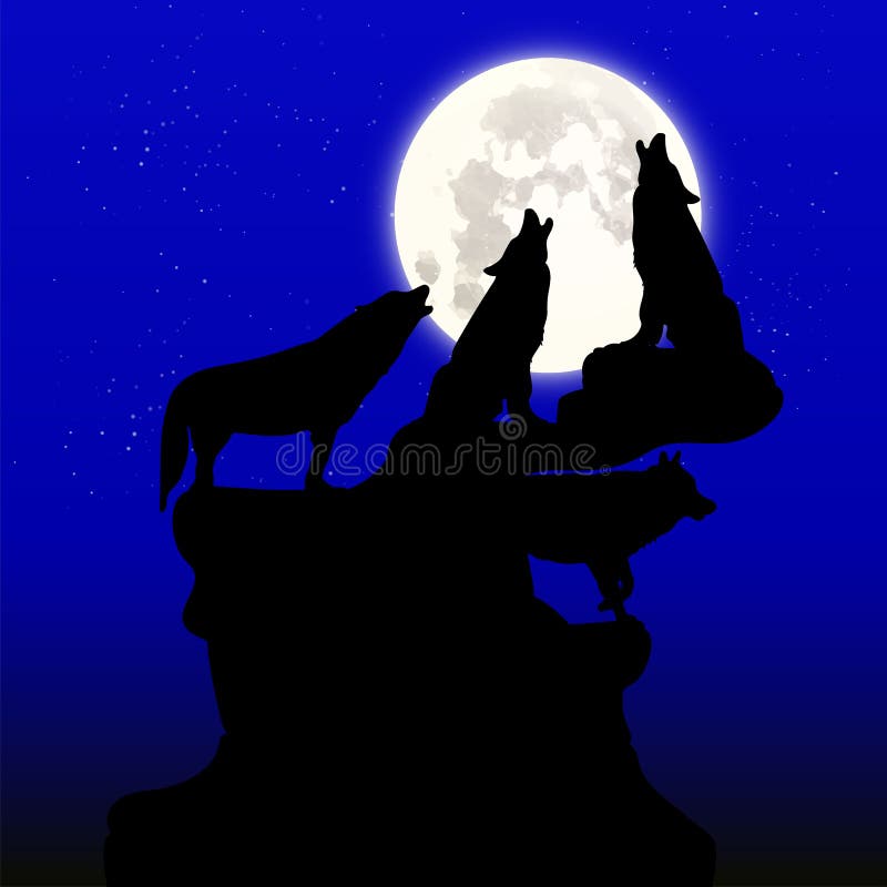 Night illustration, A herd of wolves howling at the moon, on top of a mountain, silhouette on a blue background and stars, vector. Night illustration, A herd of wolves howling at the moon, on top of a mountain, silhouette on a blue background and stars, vector