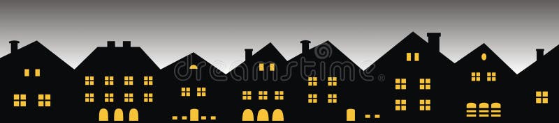 Nocy miasto, grupa domy, frontowy widok ilustracji Nocy miasto, grupa domy, frontowy widok ilustracji