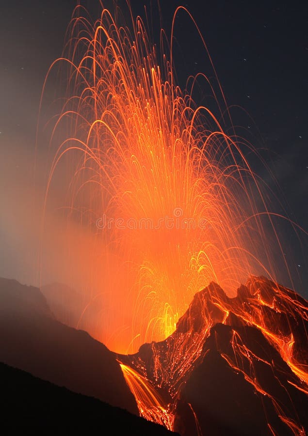 Stromblian eruption of Stromboli volcano in Italy in a clear fullmoon night. Stromblian eruption of Stromboli volcano in Italy in a clear fullmoon night