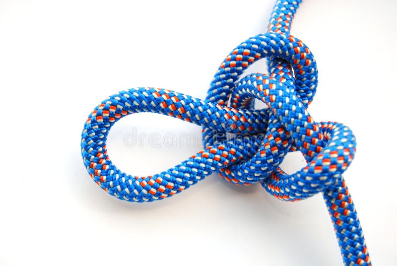 Alpine butterfly knot, blue climbing rope. Alpine butterfly knot, blue climbing rope
