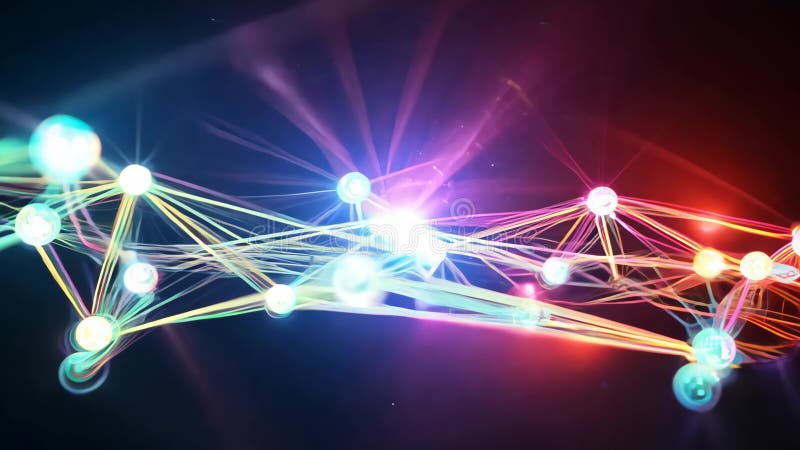 Nodos multicolores brillantes conectados por cadenas en una web neural abstracta 4k Vídeo ilustración del vector