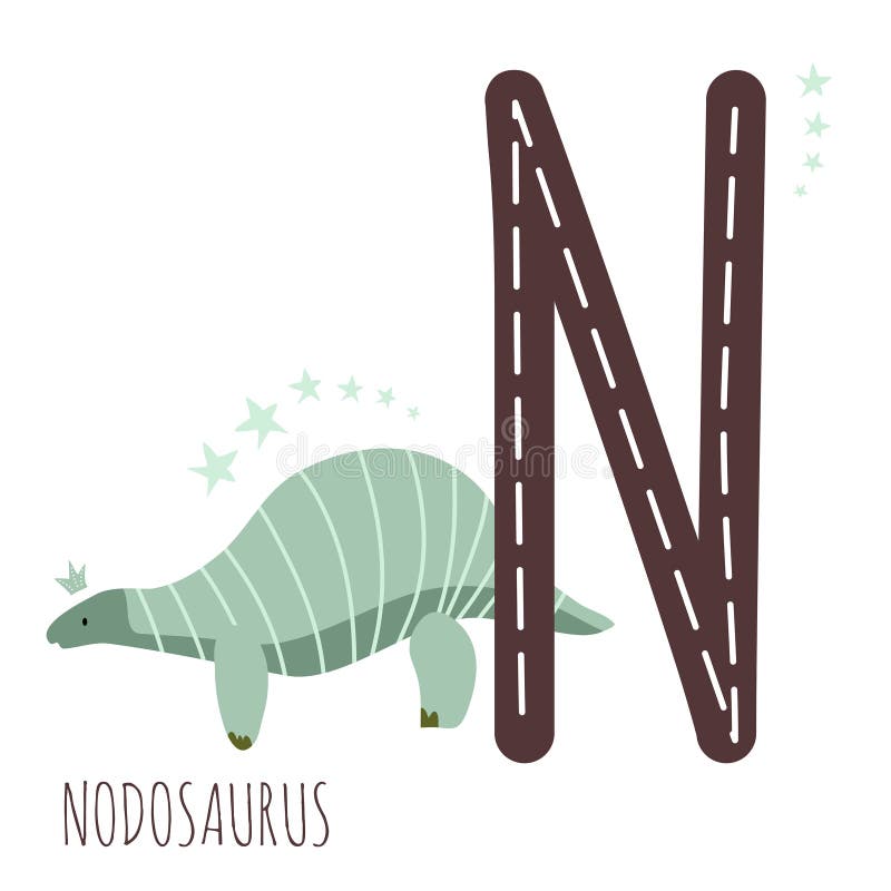 Nodosaurus. Letter N with reptile name. Hand drawn cute herbivores dinosaur. Educational prehistoric illustration. Dino alphabet. vector illustration