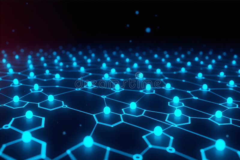 Noeuds bleus brillants connectés dans une grille hexagonale sur un fond sombre photos stock