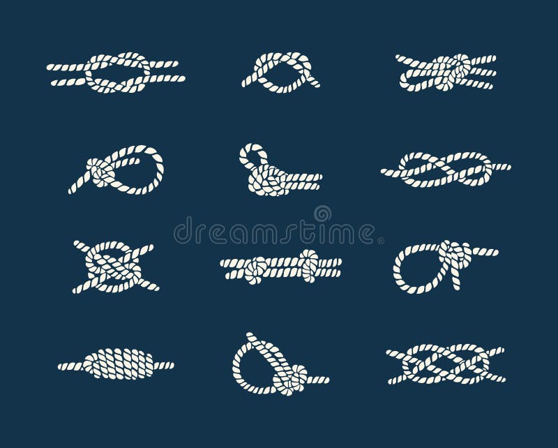 Vintage illustrations of white nautical rope knots over blue background. Vintage illustrations of white nautical rope knots over blue background