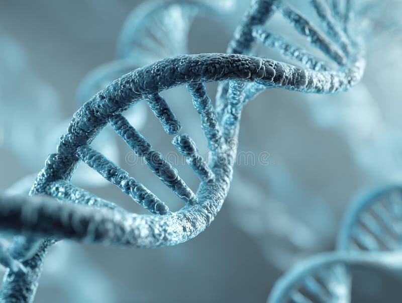 Noggrann 3D-rendering av en ljusblå DNA dubbelhelix i mjukt fokus med volymetrisk belysning och bådeeffekt Detaljerad hög hög royaltyfri illustrationer