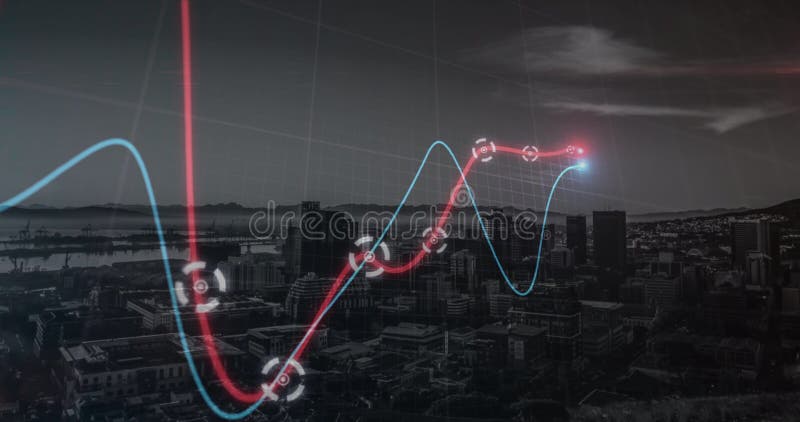 Noggrann statistisk databehandling mot flygsyn på cityscape på natten. företagsteknik och statistikbegrepp
