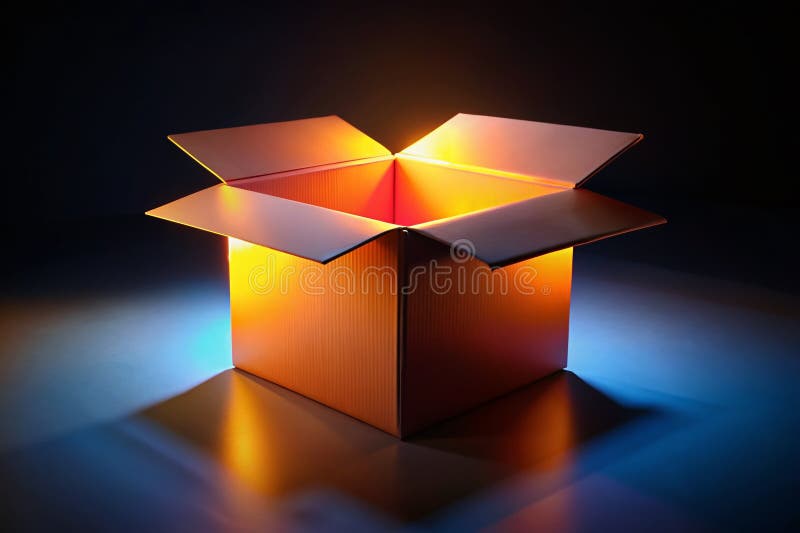 Nogvändbar produkt visar en 3D-renderad öppen kartong mot en slående svart bakgrundsbild för natten stock illustrationer