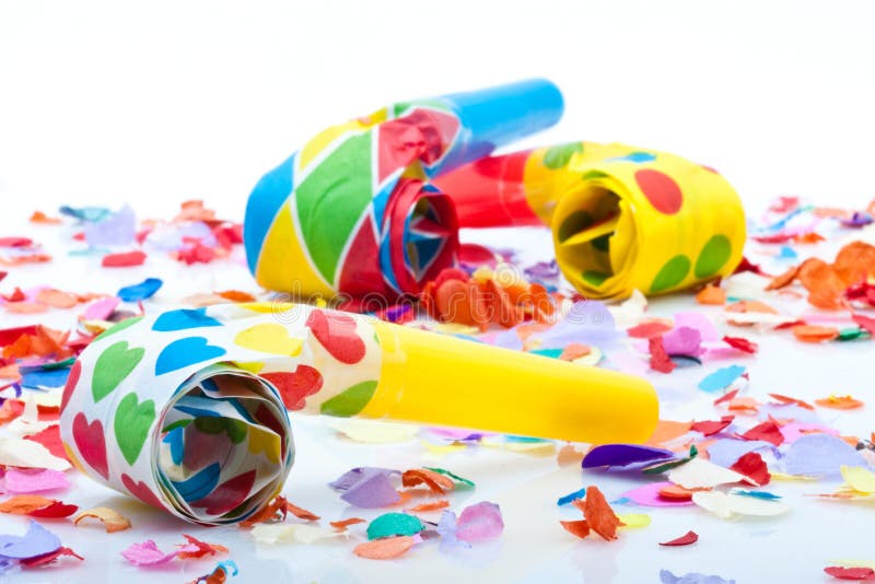 Noisemakers for a Party on White Background with Air Streamers and