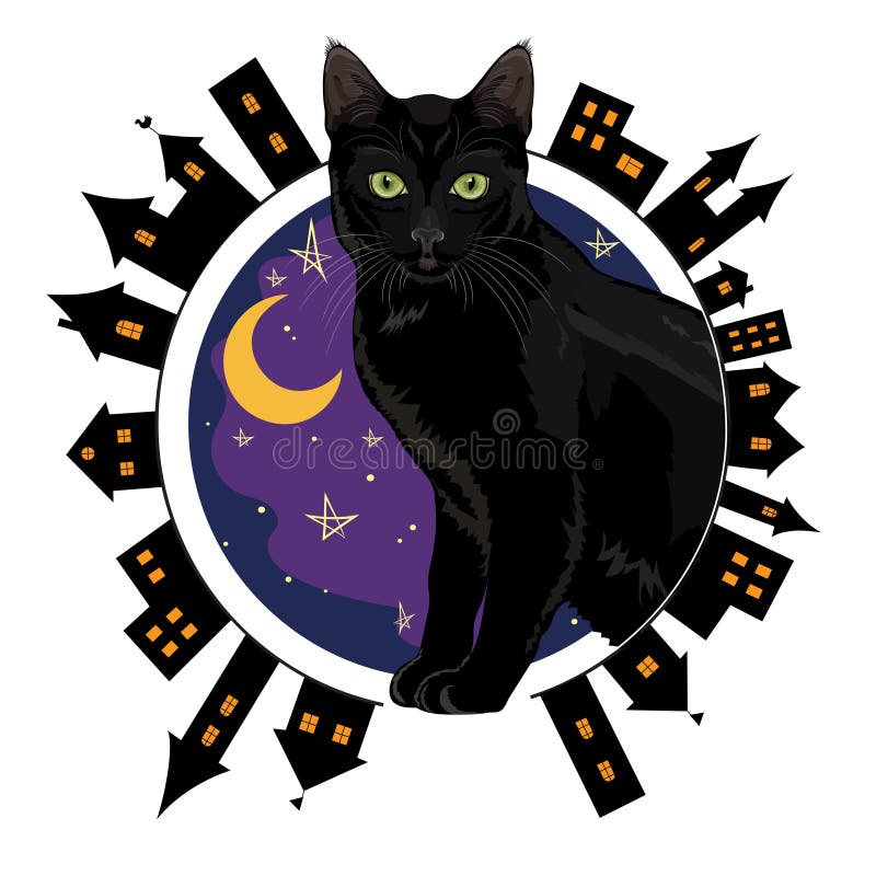 Noite a cidade velha e o gato de olhos verdes preto que sentam-se em um fundo do céu noturno estrelado ilustração stock Noite a cidade velha e o gato de olhos verdes preto que sentam-se em um fundo do céu noturno estrelado ilustração stock