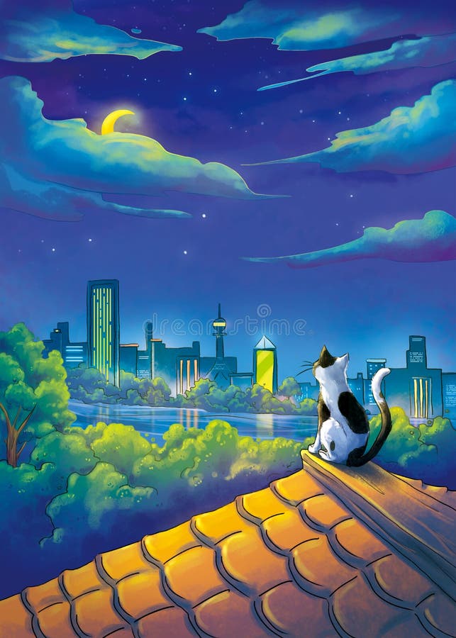 Noite De Lua. Gato E Lua. Cena Urbana. Cenário De Fantasia Ilustração Stock  - Ilustração de paisagem, sério: 208459554