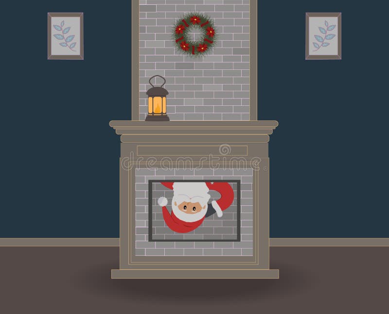 Noite de Natal As espreitadelas engraçadas bonitos de Santa Claus na casa através da chaminé e do você podem somente ver sua cara ilustração do vetor Noite de Natal As espreitadelas engraçadas bonitos de Santa Claus na casa através da chaminé e do você podem somente ver sua cara ilustração do vetor