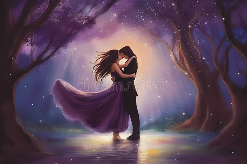 Noite romântica sob as estrelas e lua casal compartilha um beijo íntimo  rede neural gerada por ai