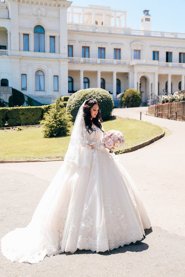 Noiva bonita com cabelo escuro no vestido de casamento luxuoso no ele imagem de stock Noiva bonita com cabelo escuro no vestido de casamento luxuoso no ele imagem de stock