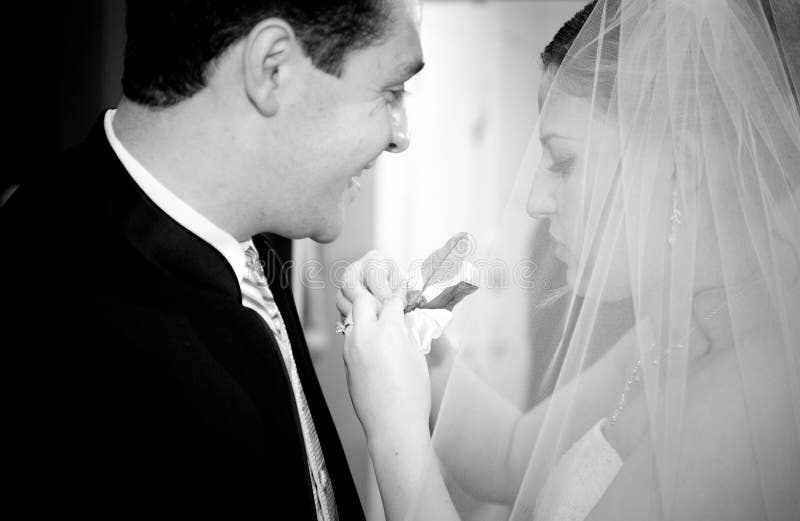 Bride helping Groom. Bride helping Groom