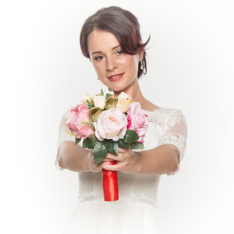 Noiva elegante com o ramalhete bonito do casamento no mãos composição do casamento e conceito do penteado fotos de stock Noiva elegante com o ramalhete bonito do casamento no mãos composição do casamento e conceito do penteado fotos de stock