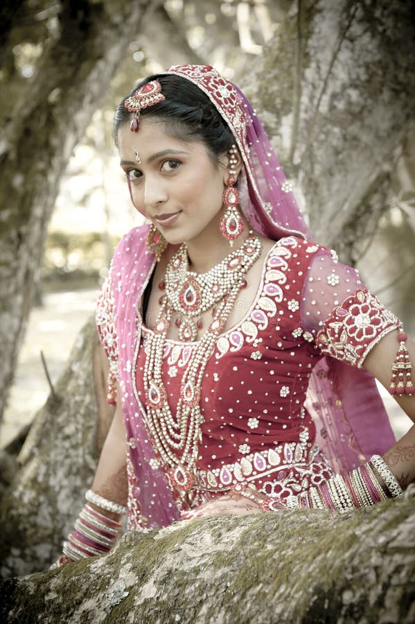 Noiva hindu indiana bonita nova que está sob a árvore