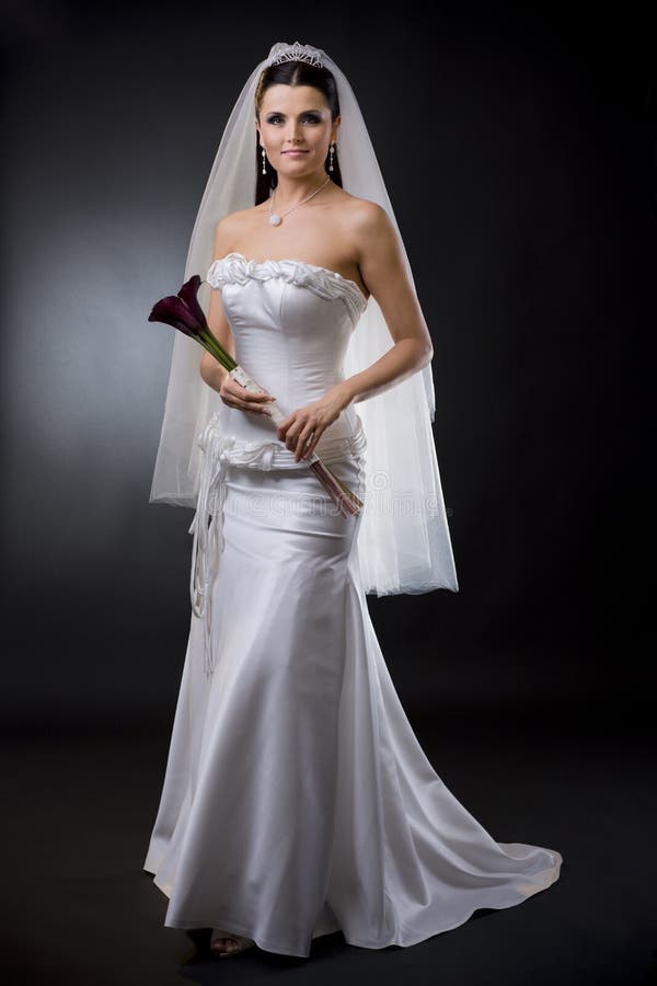 Studio portrait of a young bride wearing a white wedding dress with veil, holding flowers. Studio portrait of a young bride wearing a white wedding dress with veil, holding flowers.