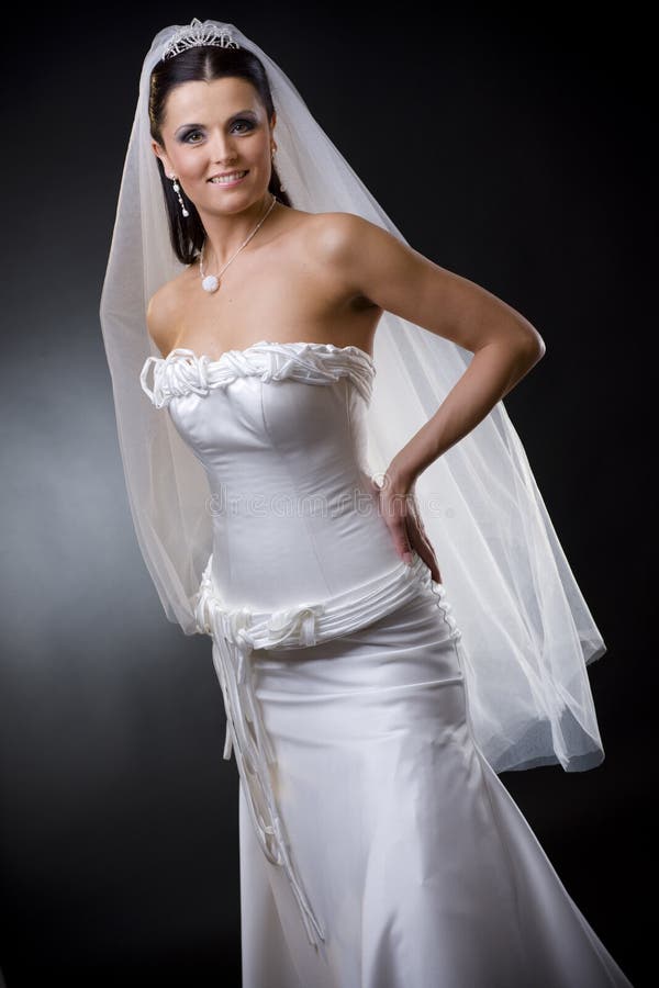 Studio portrait of a young bride wearing white wedding dress with veil, smiling and looking at camera. Studio portrait of a young bride wearing white wedding dress with veil, smiling and looking at camera.