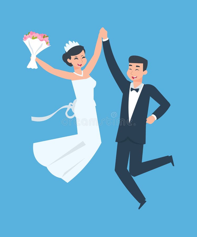 Noivo feliz e noiva. jovem mulher alegre e marido engraçado e mulher. casal de casamento em ternos tradicionais ilustração royalty free