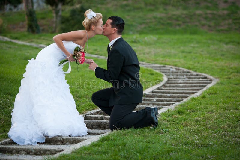 Noiva e noivo num caminho através do parque foto de stock