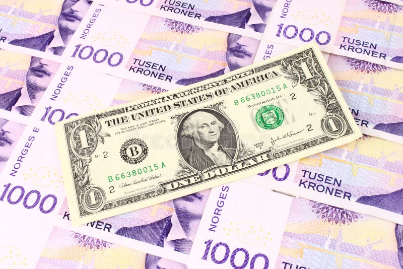 Norwegian currency notes in a grid pattern, with a one US Dollar bill in the center. Norwegian currency notes in a grid pattern, with a one US Dollar bill in the center.