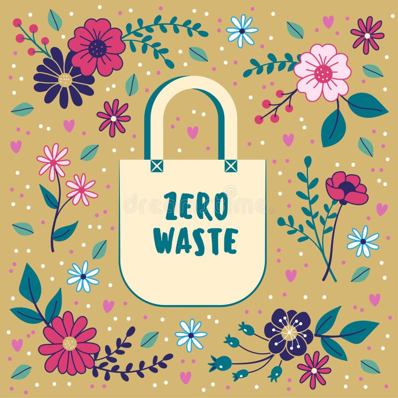 Nollf? rlorat begrepp Bomullspåse på en blom- bakgrund sustainability. Zero waste concept. Cotton bag on a floral background. Sustainability. Vector Illustration.