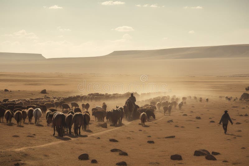 nomadic tribe moving with their herds on the open plains, created with generative ai