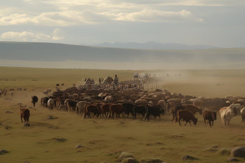 nomadic tribe moving with their herds on the open plains, created with generative ai