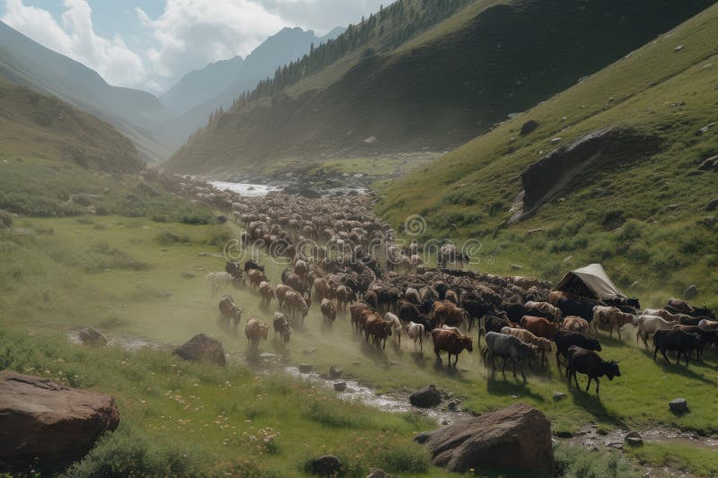 a nomadic tribe, with their herds of livestock, making their way through a picturesque valley, created with generative ai