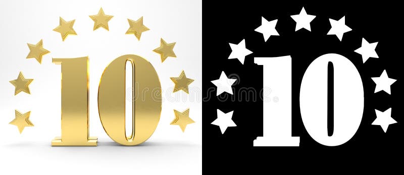 Nombre d'or dix sur le fond blanc avec l'ombre et le canal alpha de baisse, décorés d'un cercle des étoiles illustration 3D illustration libre de droits Nombre d'or dix sur le fond blanc avec l'ombre et le canal alpha de baisse, décorés d'un cercle des étoiles illustration 3D illustration libre de droits