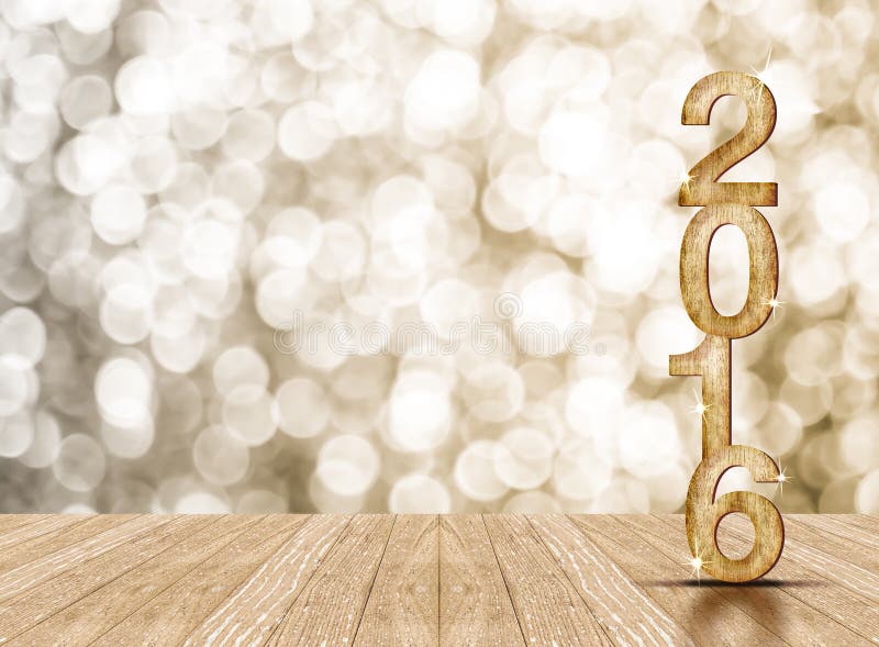 2016 year wood number in perspective room with sparkling bokeh wall and wooden plank floor. 2016 year wood number in perspective room with sparkling bokeh wall and wooden plank floor