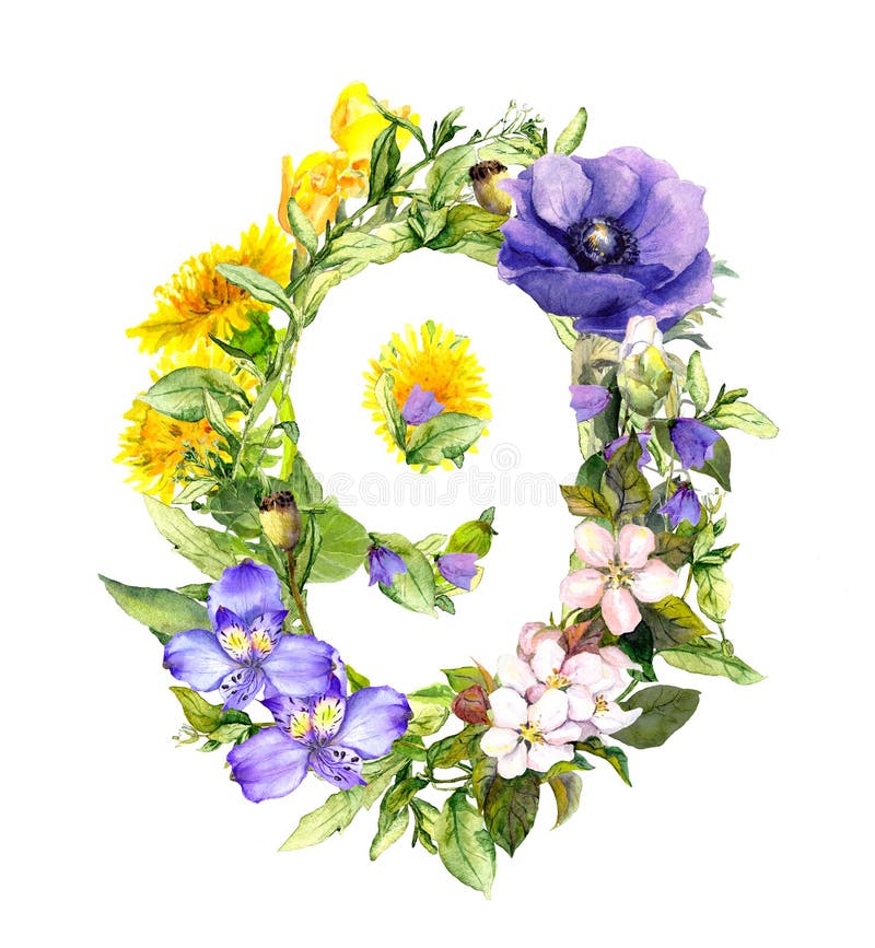 Nombre floral 9 - neuf d'été, de fleurs de ressort et d'herbe watercolor illustration libre de droits Nombre floral 9 - neuf d'été, de fleurs de ressort et d'herbe watercolor illustration libre de droits
