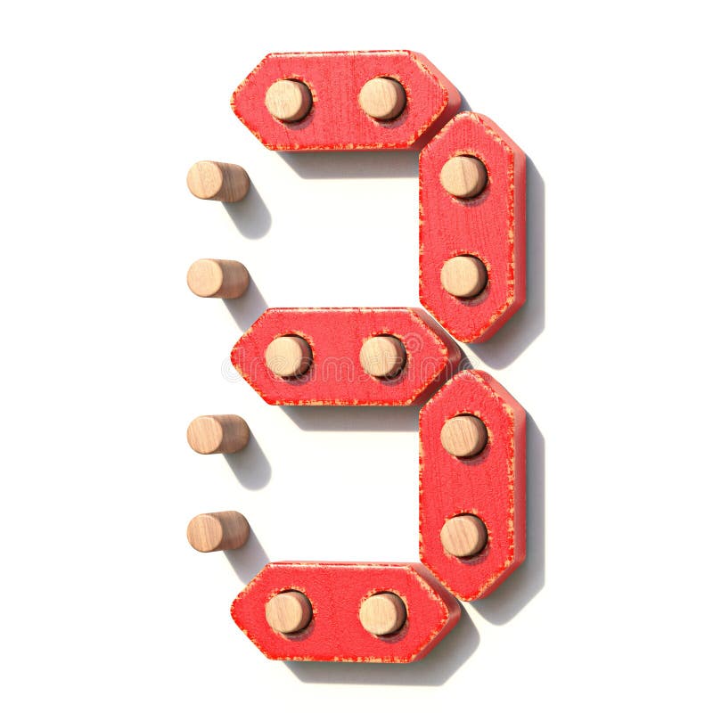 Wooden toy red digital number 3 THREE 3D render illustration isolated on white background. Wooden toy red digital number 3 THREE 3D render illustration isolated on white background