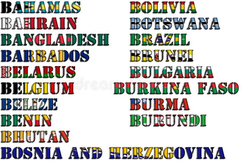 Nombres de país en colores de las banderas nacionales - conjunto completo Letra B libre illustration Nombres de país en colores de las banderas nacionales - conjunto completo Letra B libre illustration