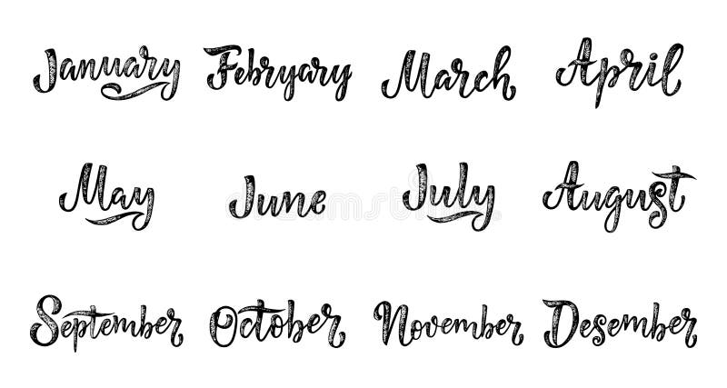 Nomi scritti a mano dei mesi dicembre, gennaio, febbraio, marzo, aprile, maggio, giugno, luglio, augusto, settembre, ottobre, nov