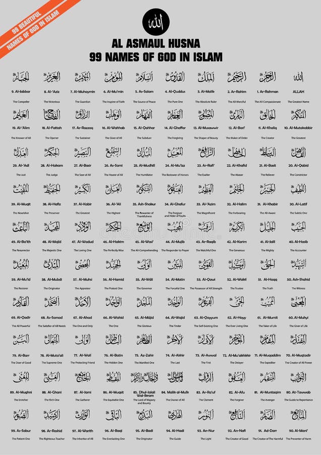 99 nominano/attributi di Allah (Dio nell'Islam) in arabo