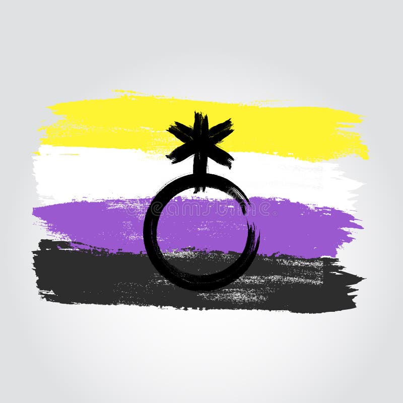Non-binary pride flag in a form of brush stroke with nonbinary s. Ymbol. 