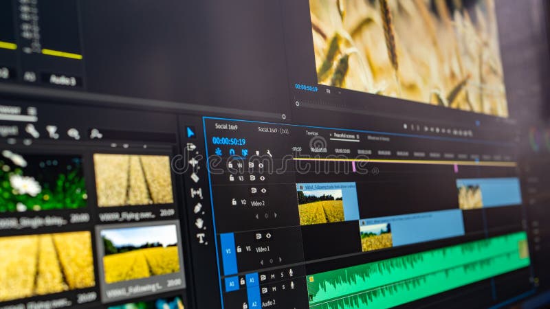 Non-linear video editing timeline with content. Computer editing stock images, royalty-free photos and pictures