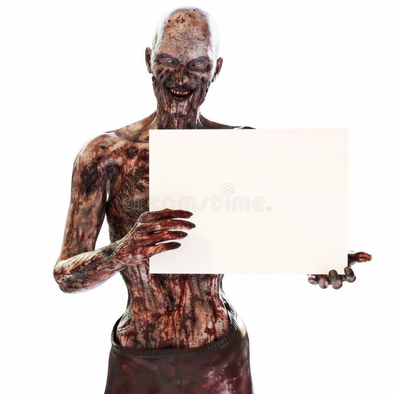 Non morto dello zombie che tiene una carta in bianco del segno della pubblicità su un fondo bianco isolato con stanza per lo spaz