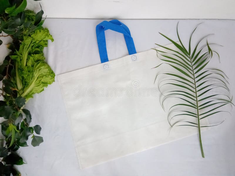 Download White Color Mockup Bag On White Background With Leaf Stock ...